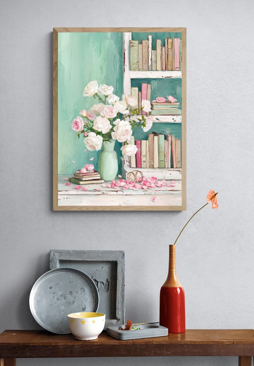 Blush Roses and Books Illustration Poster. — room view 3