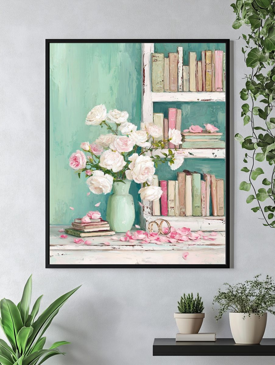 Blush Roses and Books Illustration Poster. — room view 4