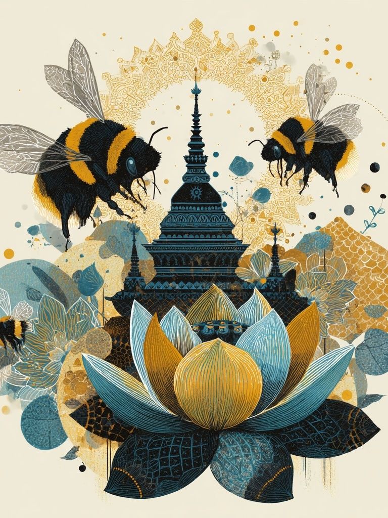 Bee Lotus Temple Illustration Poster. poster detail