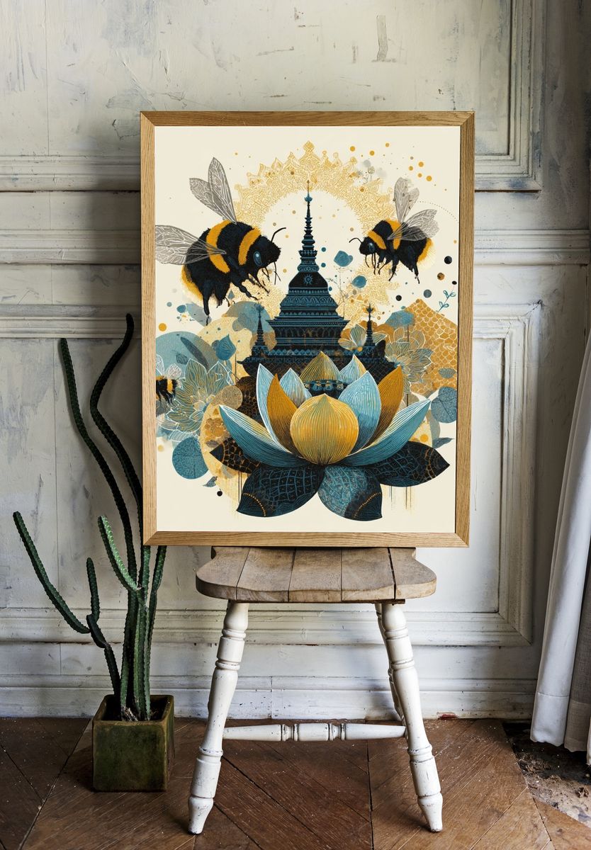 Bee Lotus Temple Illustration Poster. — room view 1