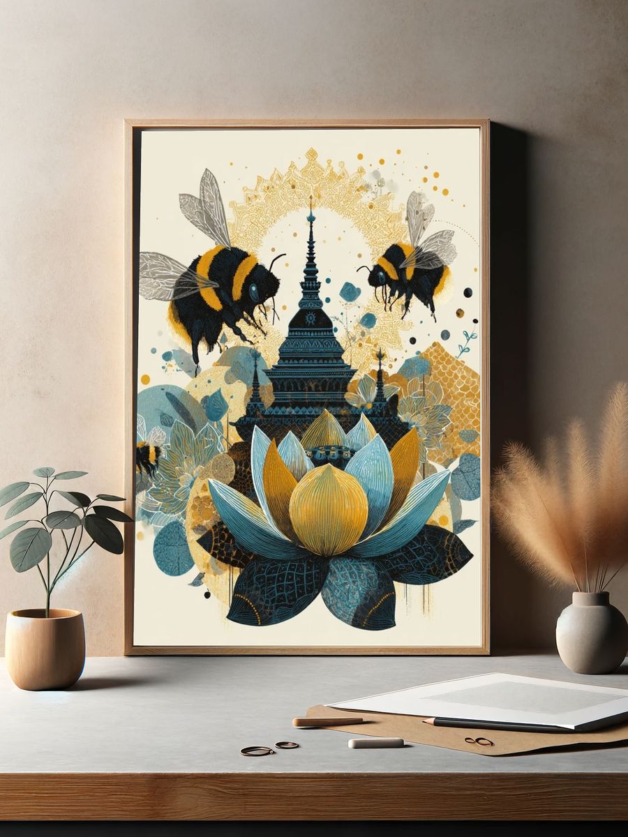 Bee Lotus Temple Illustration Poster. — room view 2