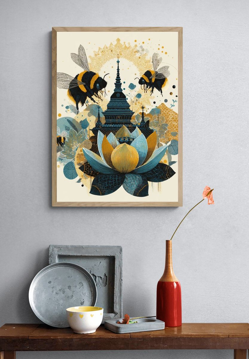 Bee Lotus Temple Illustration Poster. — room view 3