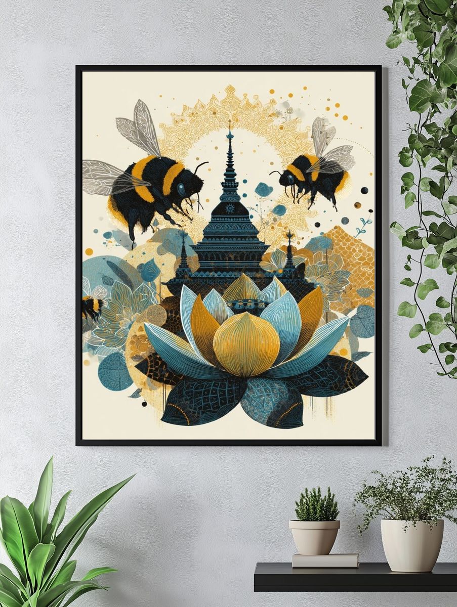 Bee Lotus Temple Illustration Poster. — room view 4