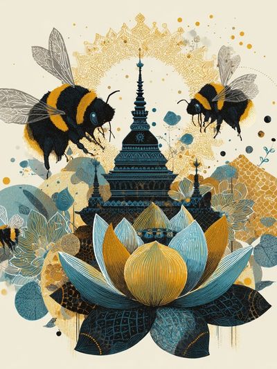 Bee Lotus Temple Illustration Poster. poster