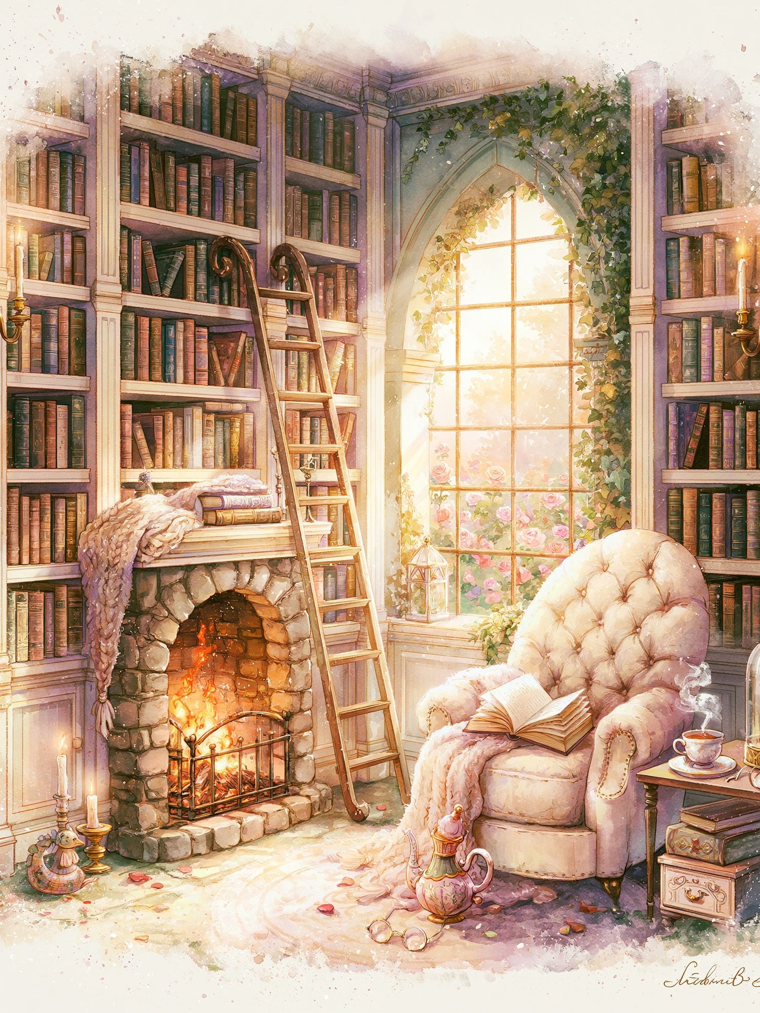 Cozy Library Reading Nook Print. poster — illustration art