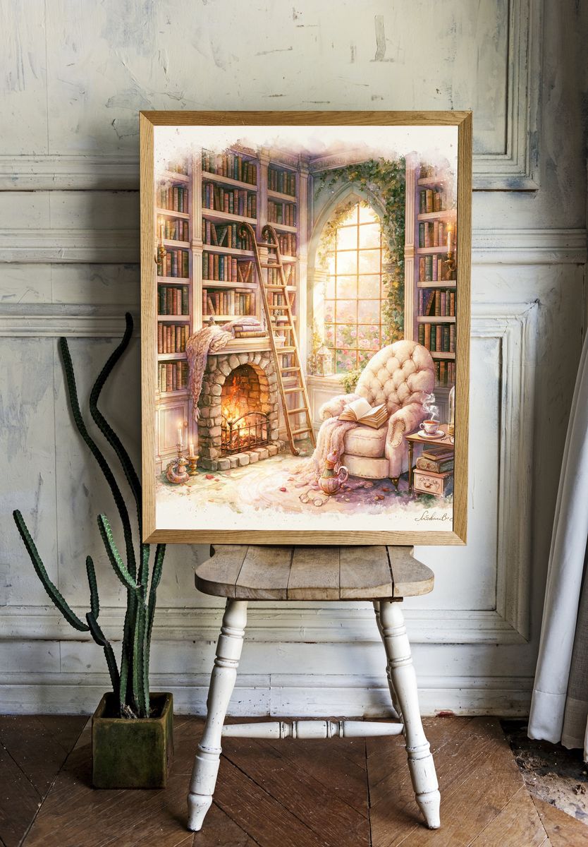 Cozy Library Reading Nook Print. room preview