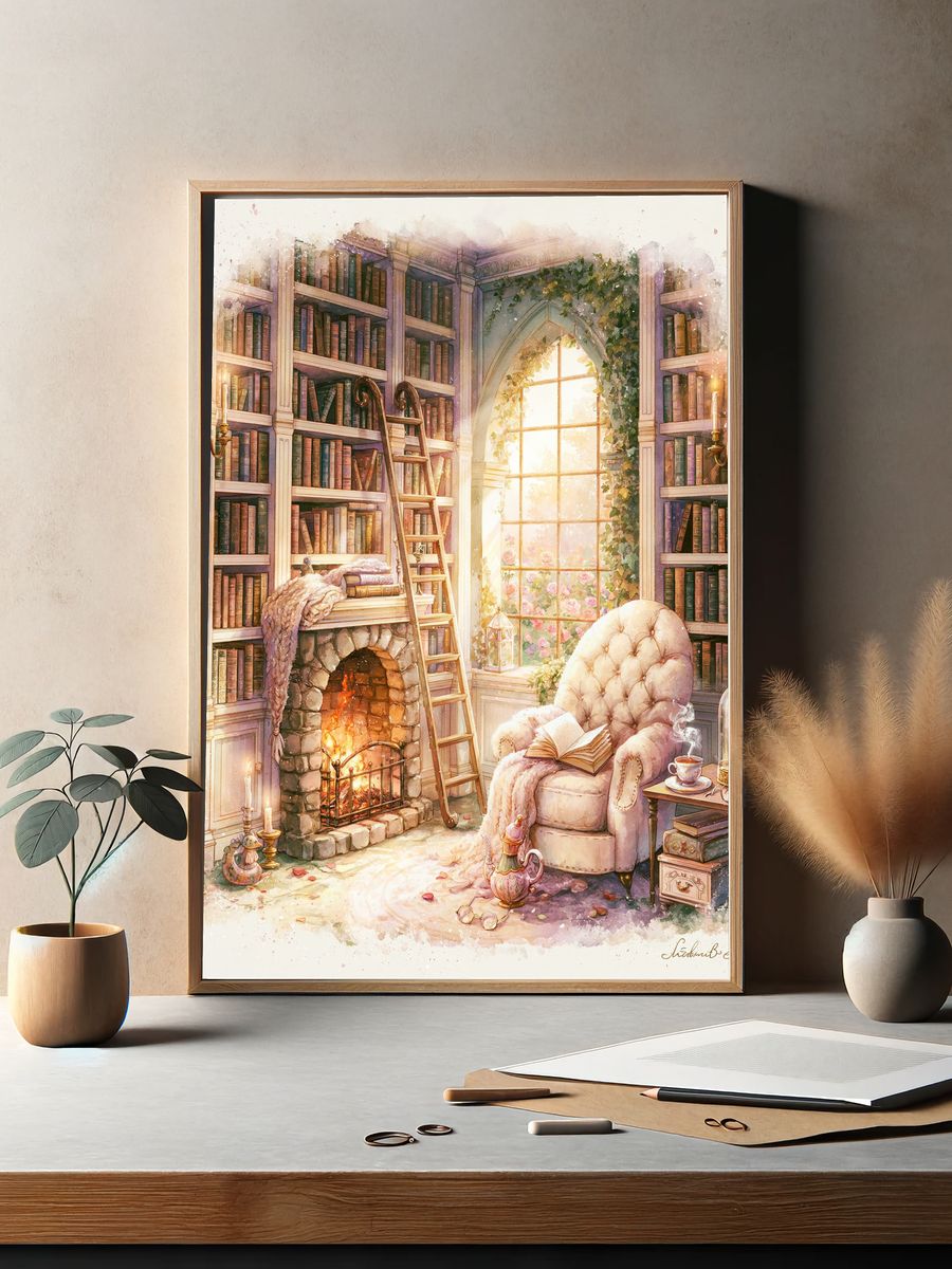 Cozy Library Reading Nook Print. — room view 2