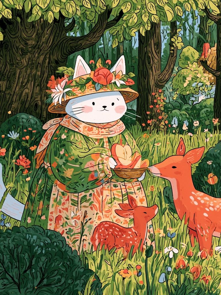 Forest Cat and Deer Illustration Poster. poster — illustration art