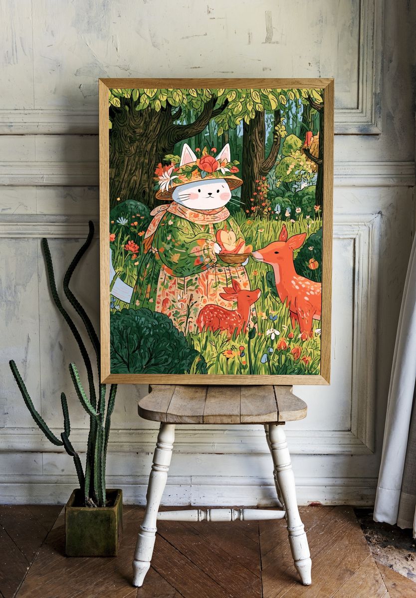 Forest Cat and Deer Illustration Poster. — room view 1