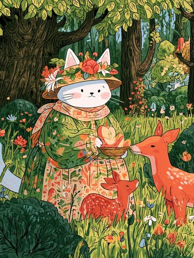 Forest Cat and Deer Illustration Poster.