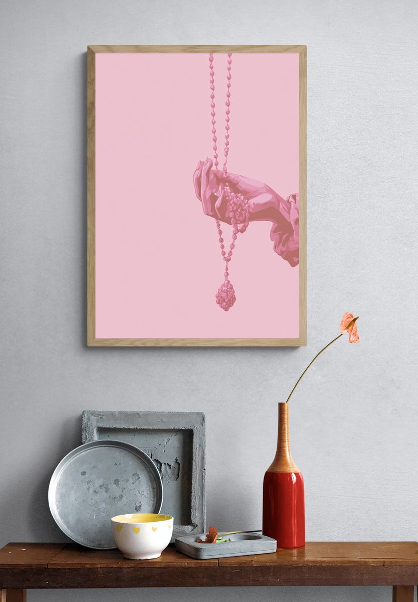 Pink Hand with Beads Illustration Print. — room view 3