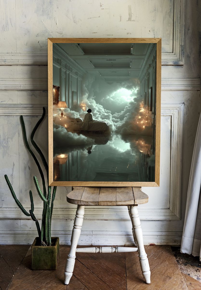 Dreamy Cloud Bedroom Surrealism Print. — room view 1