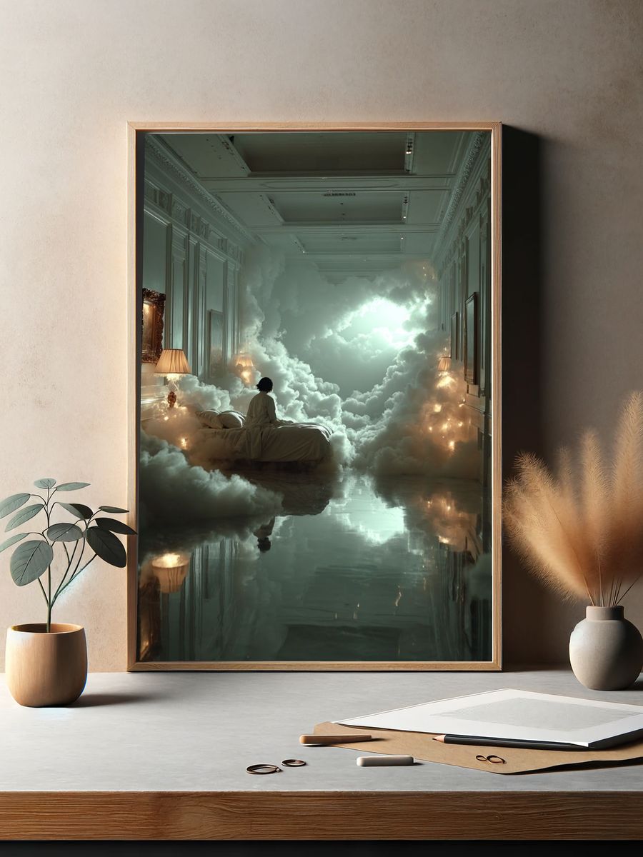 Dreamy Cloud Bedroom Surrealism Print. — room view 2