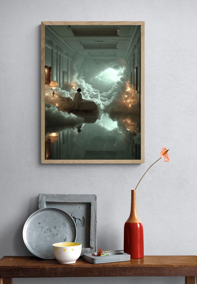 Dreamy Cloud Bedroom Surrealism Print. — room view 3
