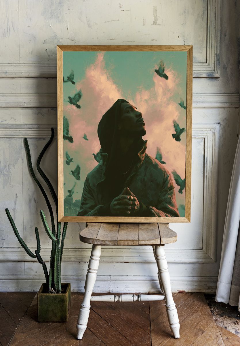 Dreaming Figure with Birds Print. — room view 1
