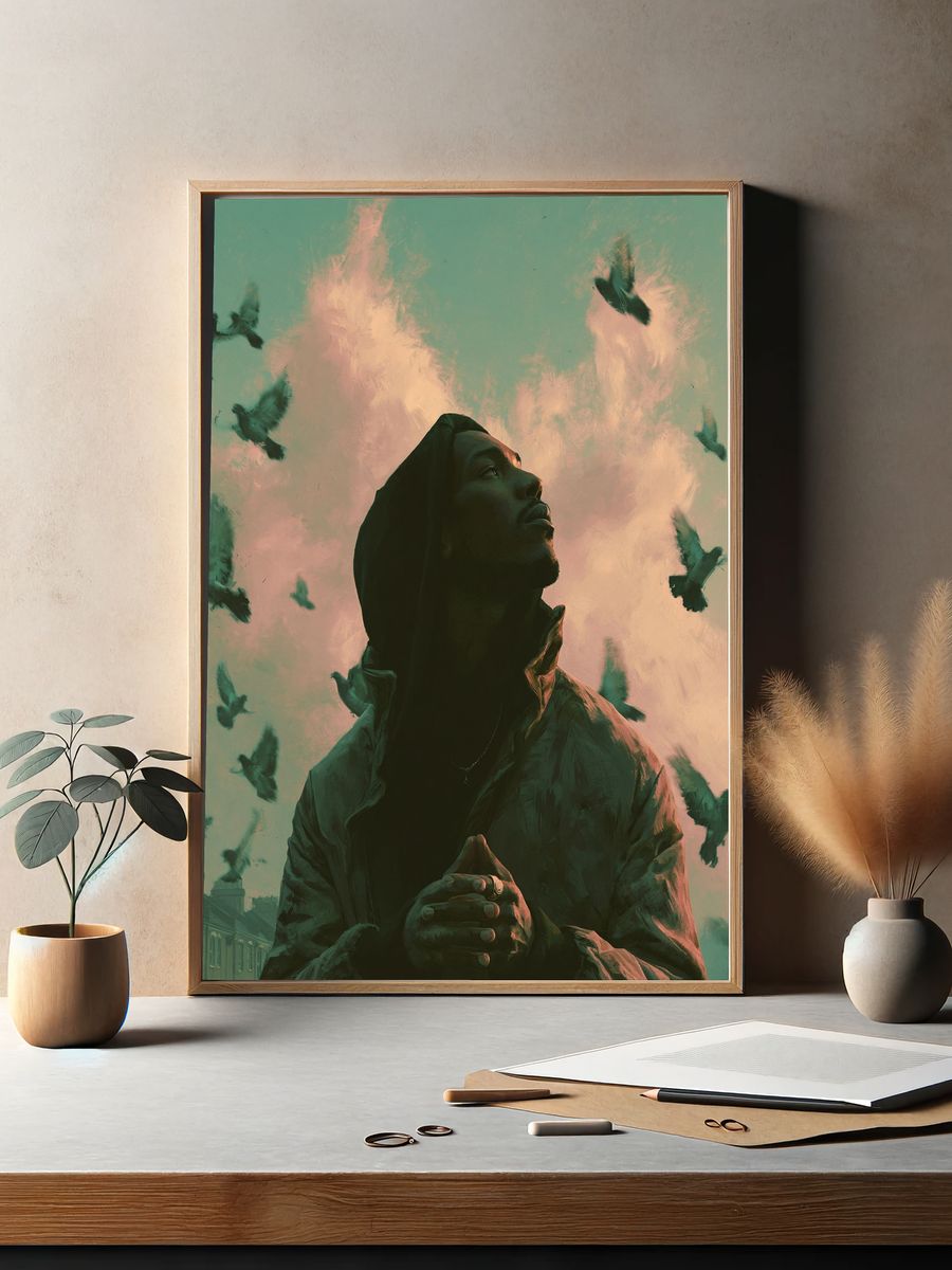 Dreaming Figure with Birds Print. — room view 2