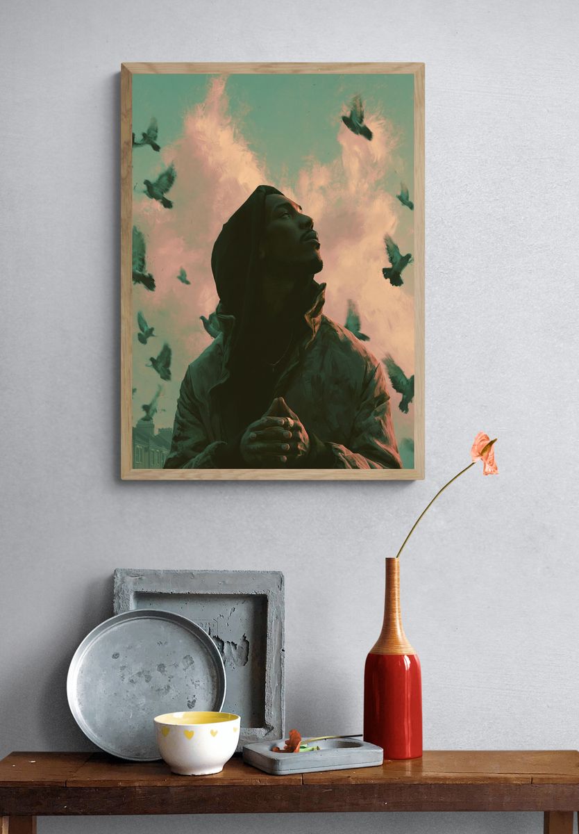 Dreaming Figure with Birds Print. — room view 3