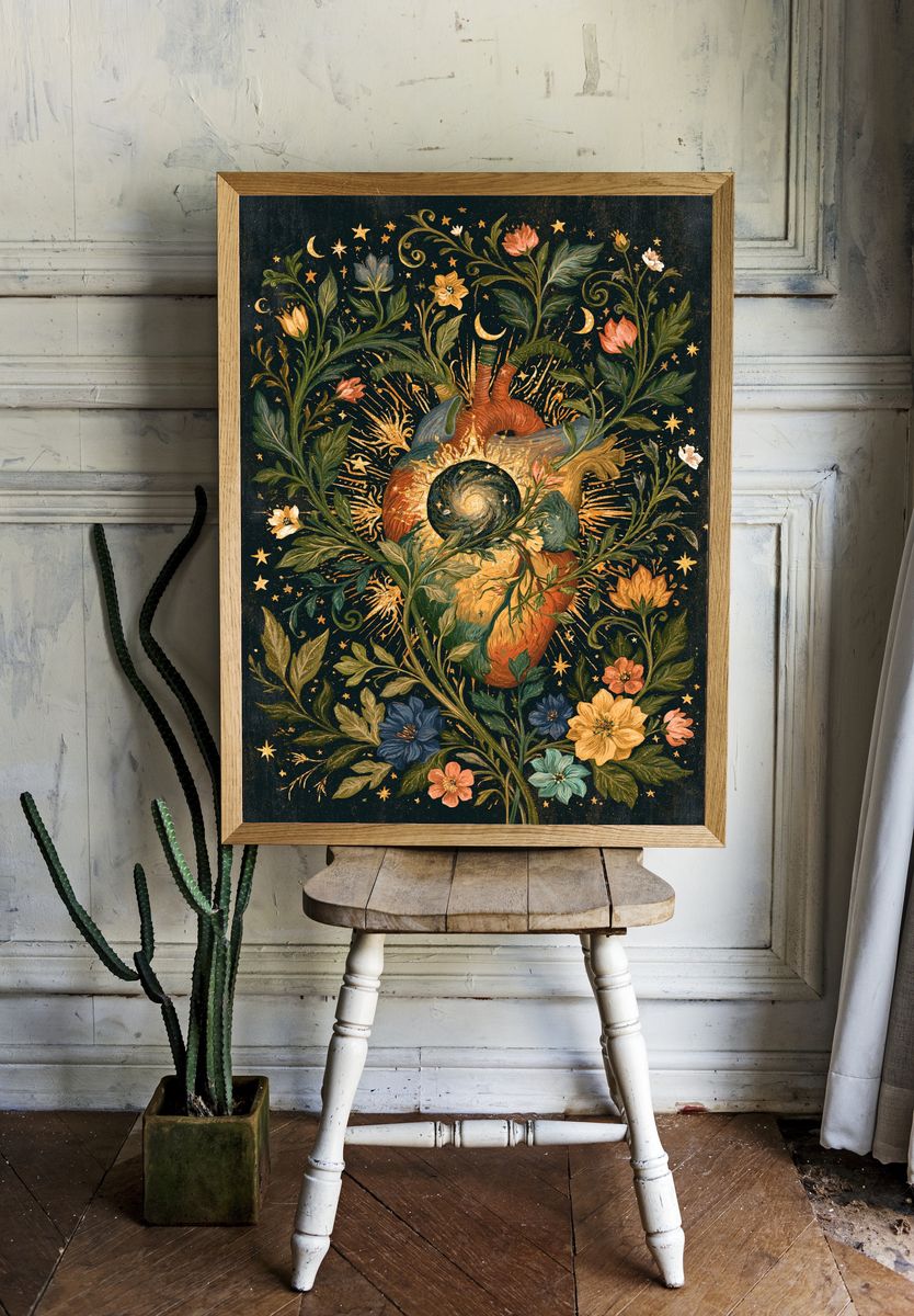 Celestial Floral Heart Illustration Poster. room preview
