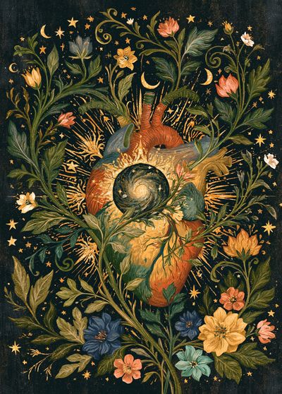 Celestial Floral Heart Illustration Poster.
