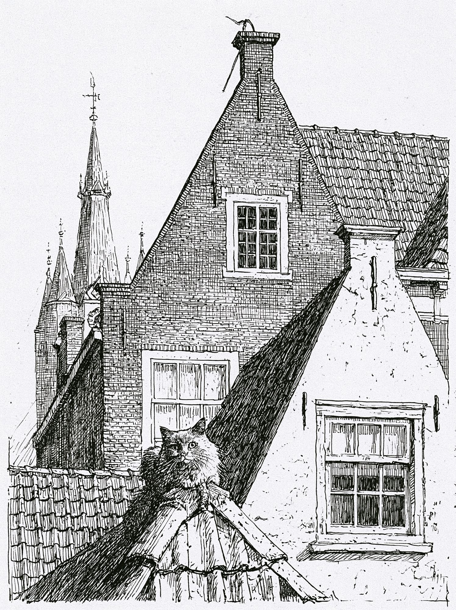 Cat on Rooftops Ink Print. poster detail