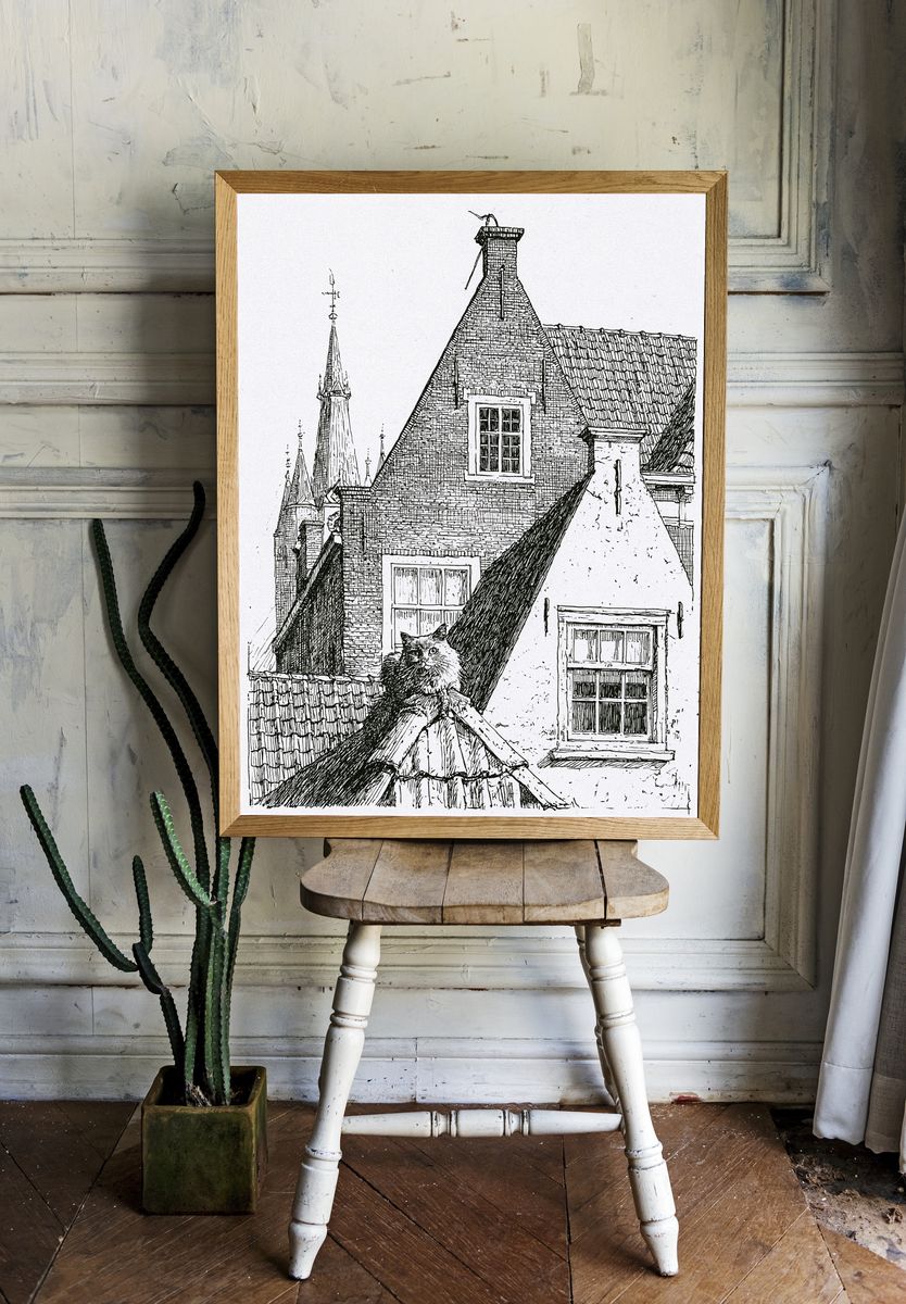 Cat on Rooftops Ink Print. room preview