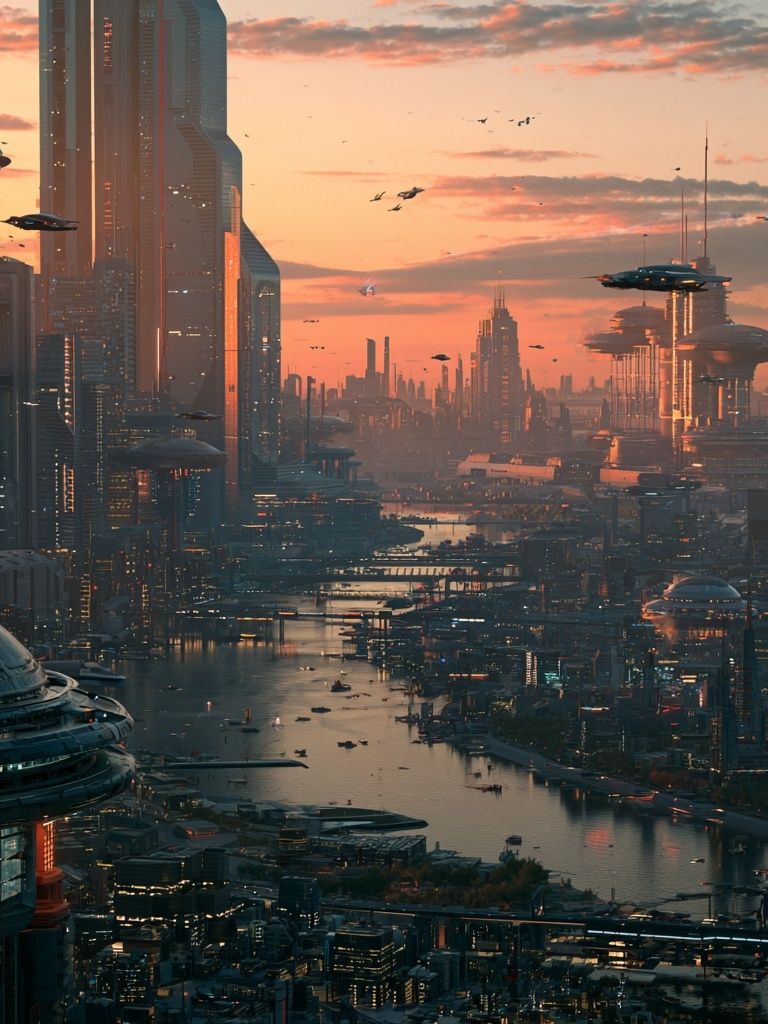 Futuristic City Sunset Poster. poster — illustration art