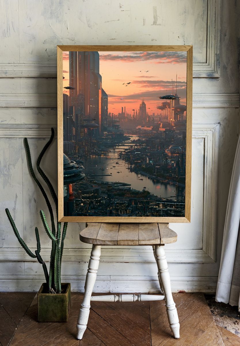 Futuristic City Sunset Poster. room preview