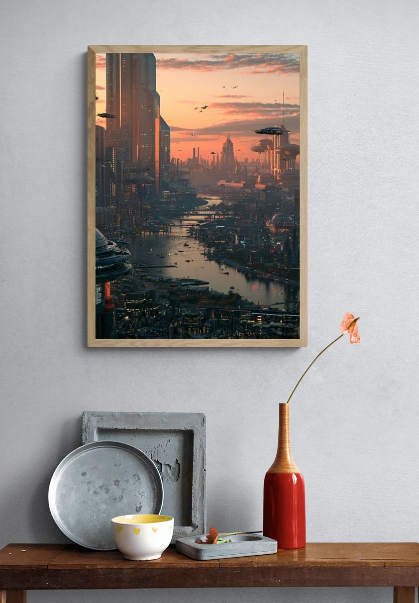 Futuristic City Sunset Poster. — room view 3