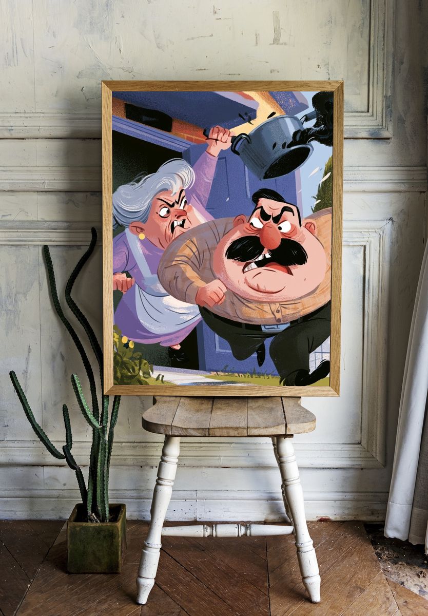 Angry Neighbors Cartoon Poster. — room view 1