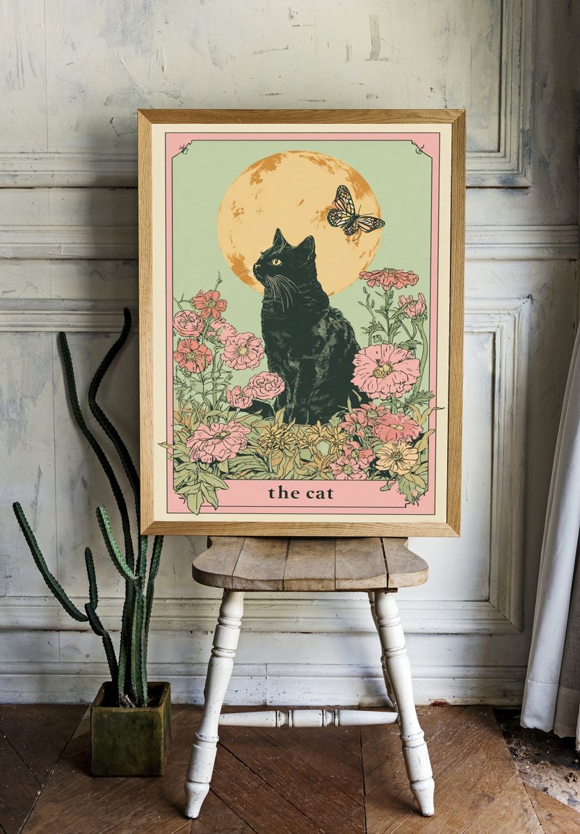 Black Cat Floral Illustration Poster. room preview