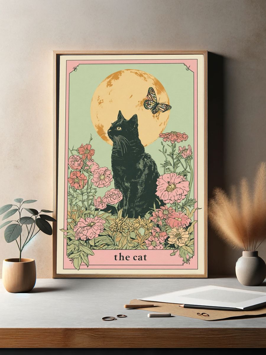 Black Cat Floral Illustration Poster. — room view 2
