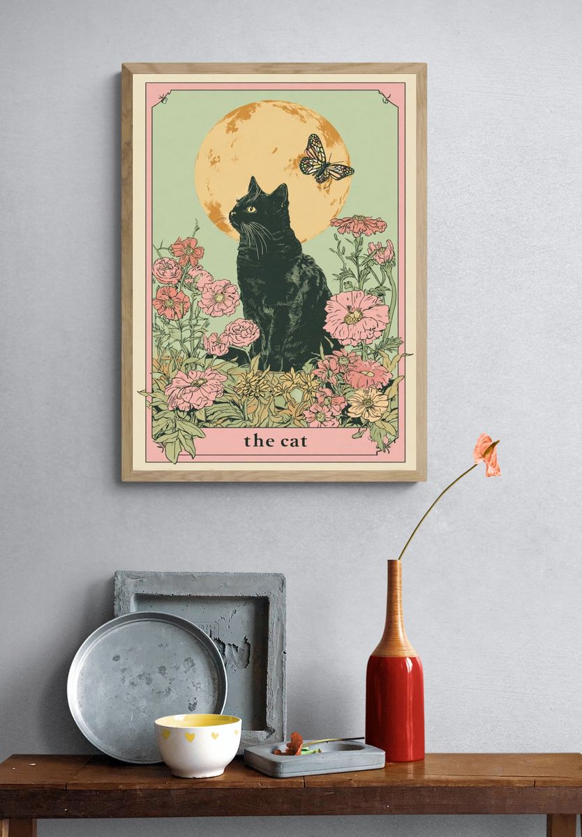 Black Cat Floral Illustration Poster. — room view 3
