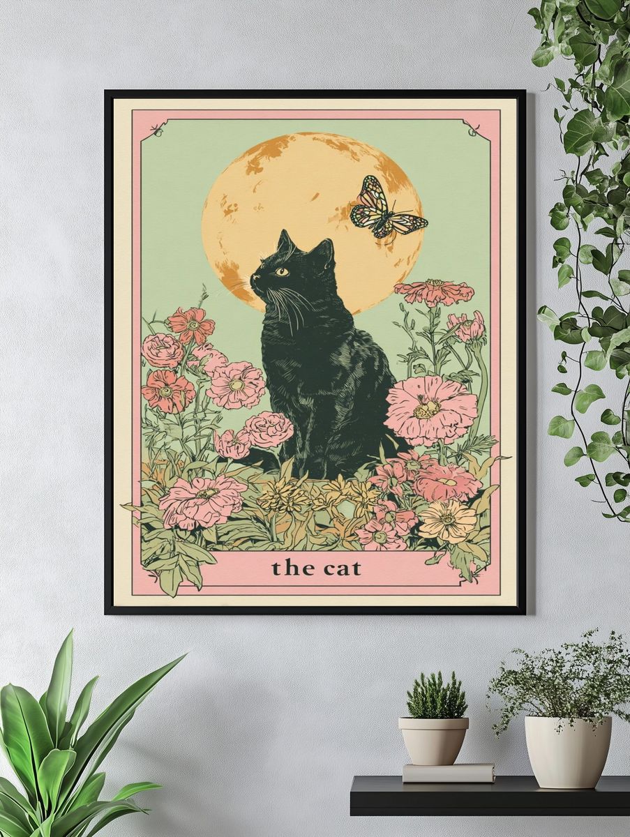Black Cat Floral Illustration Poster. — room view 4