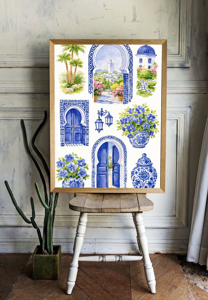 Blue Moroccan Courtyard Watercolor Poster. room preview