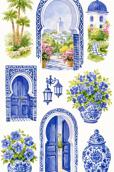 Blue Moroccan Courtyard Watercolor Poster.