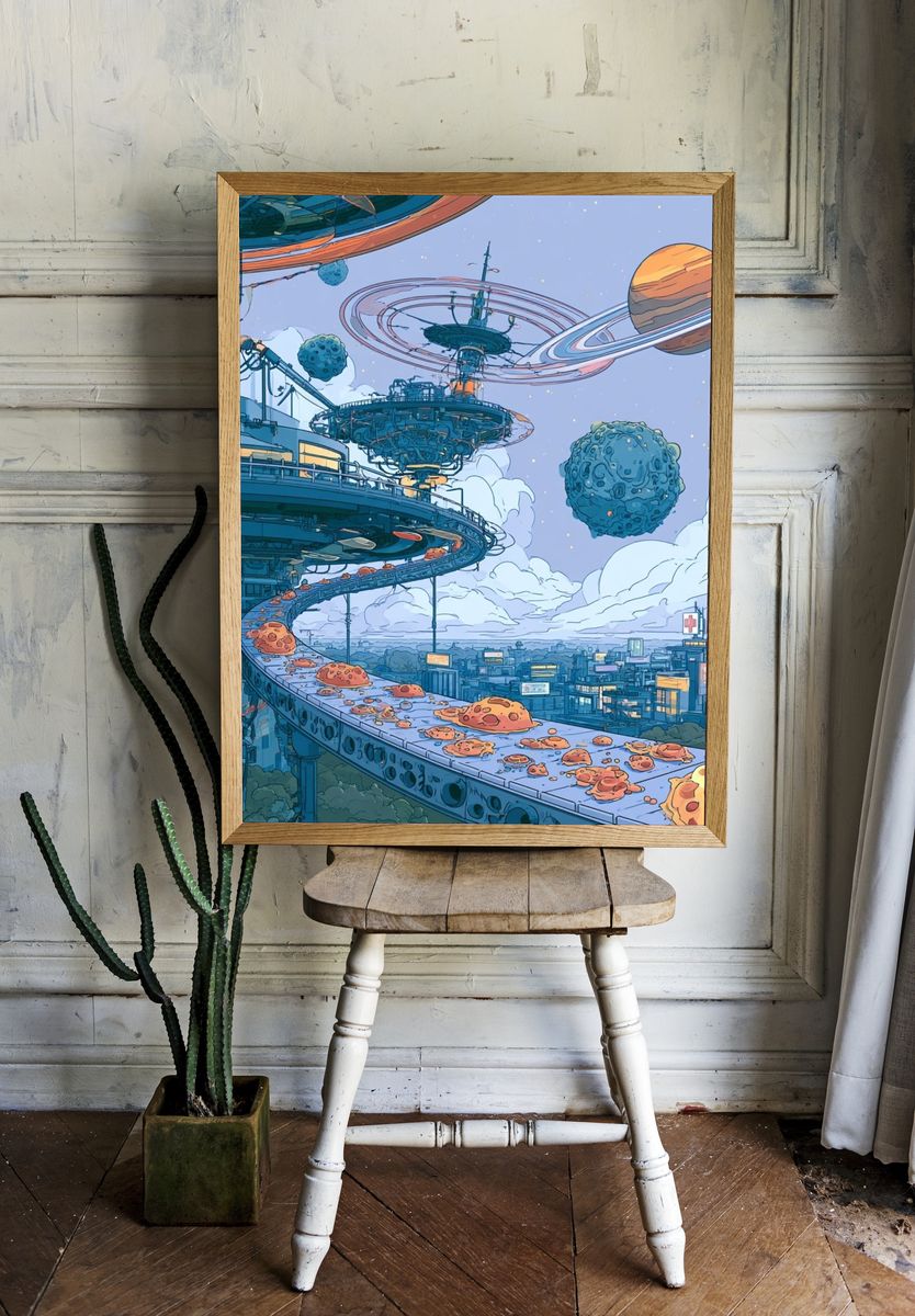 Futuristic Space City Illustration Poster. — room view 1