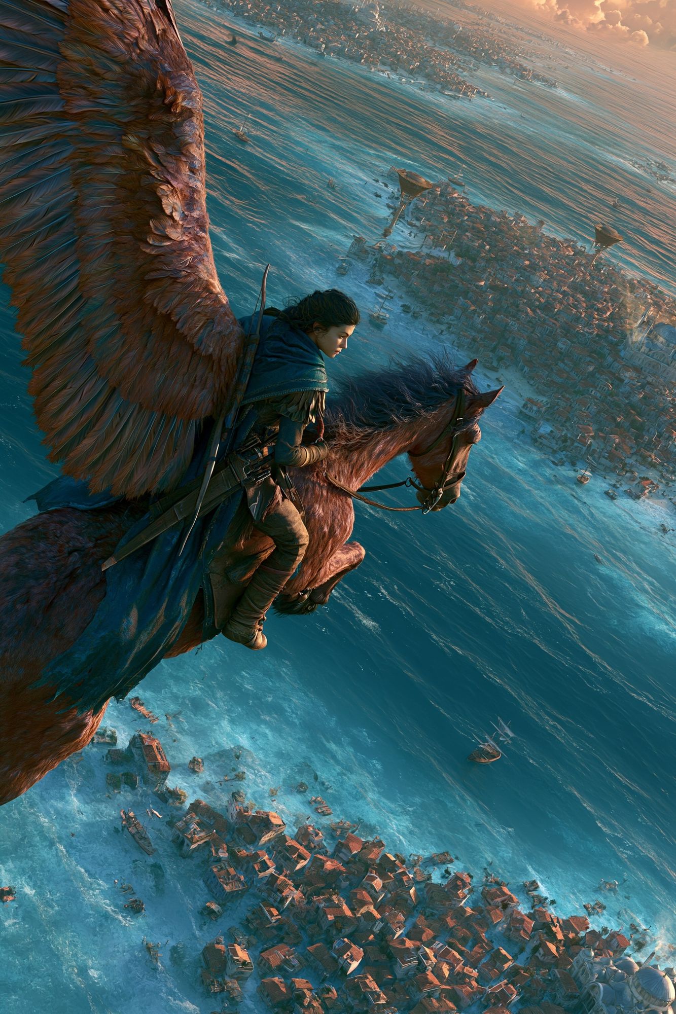Winged Rider Over Coastal City Print. poster — illustration art