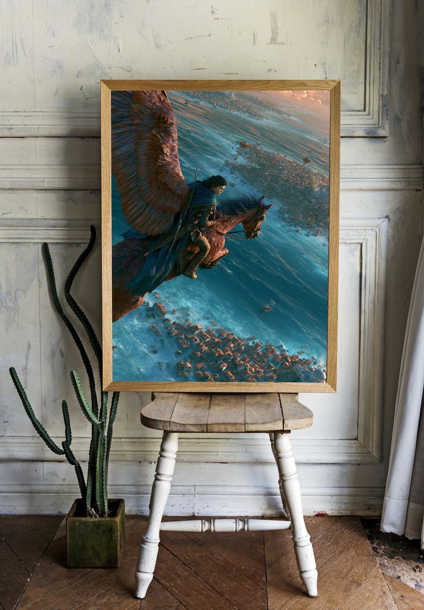 Winged Rider Over Coastal City Print. room preview