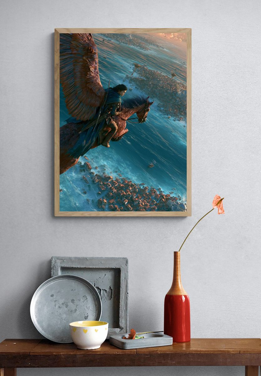 Winged Rider Over Coastal City Print. — room view 3