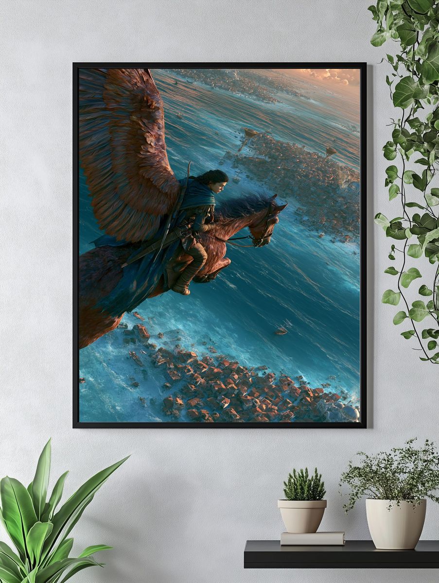 Winged Rider Over Coastal City Print. — room view 4