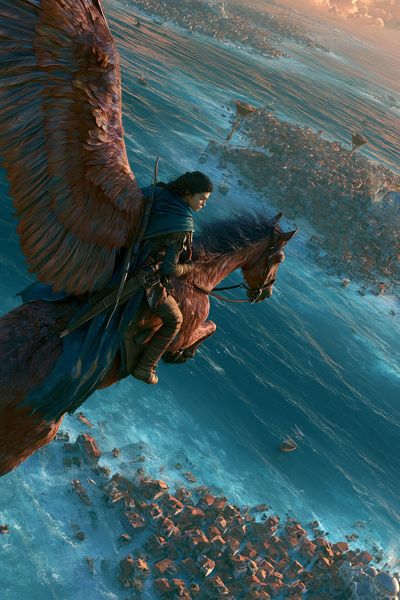 Winged Rider Over Coastal City Print.