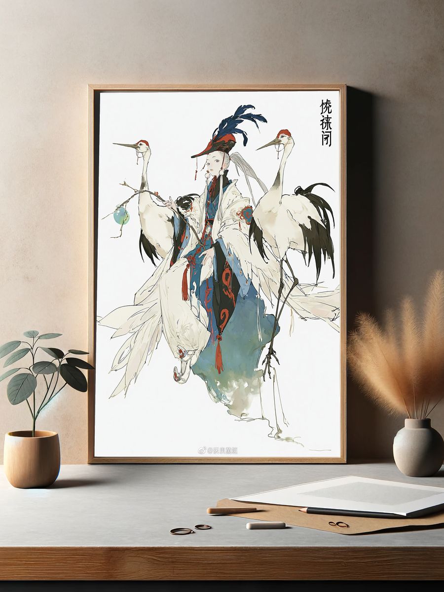 Crane Rider Ink Illustration Poster. — room view 2