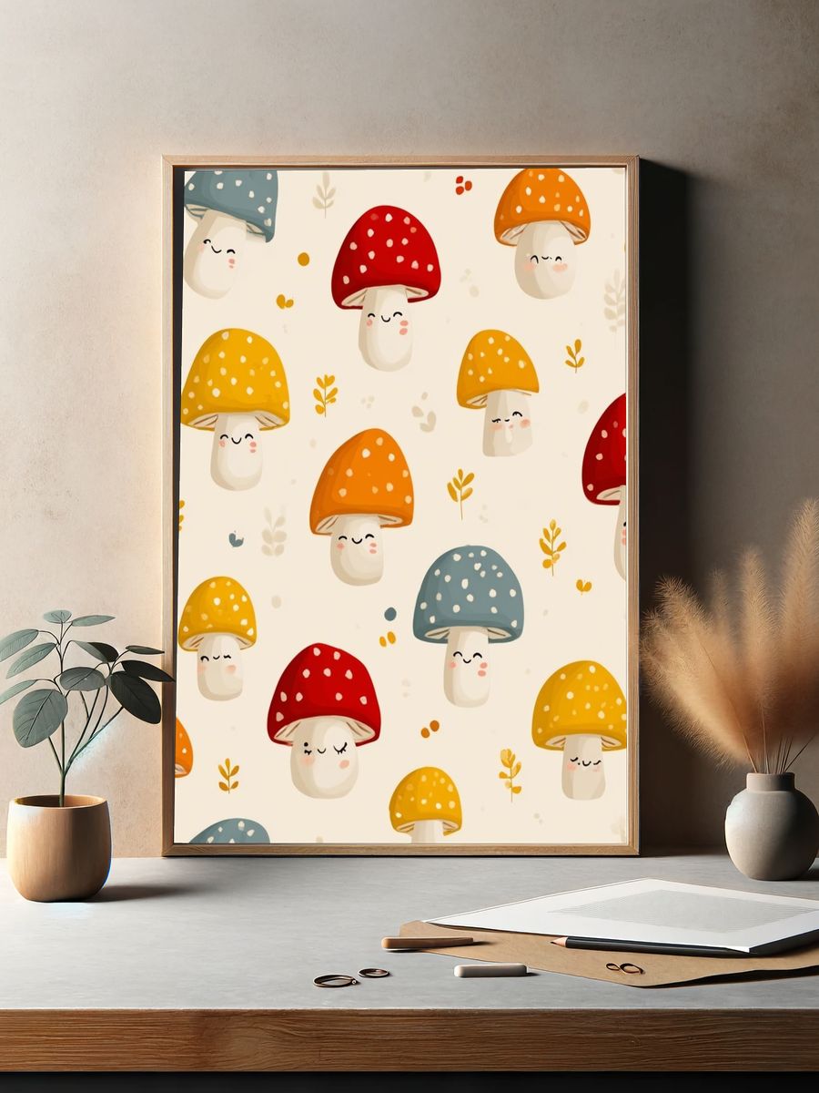 Cute Mushroom Pattern Illustration Poster. — room view 2