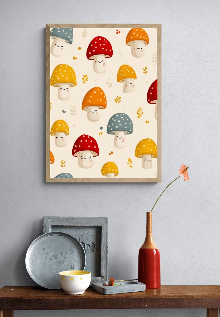 Cute Mushroom Pattern Illustration Poster. — room view 3
