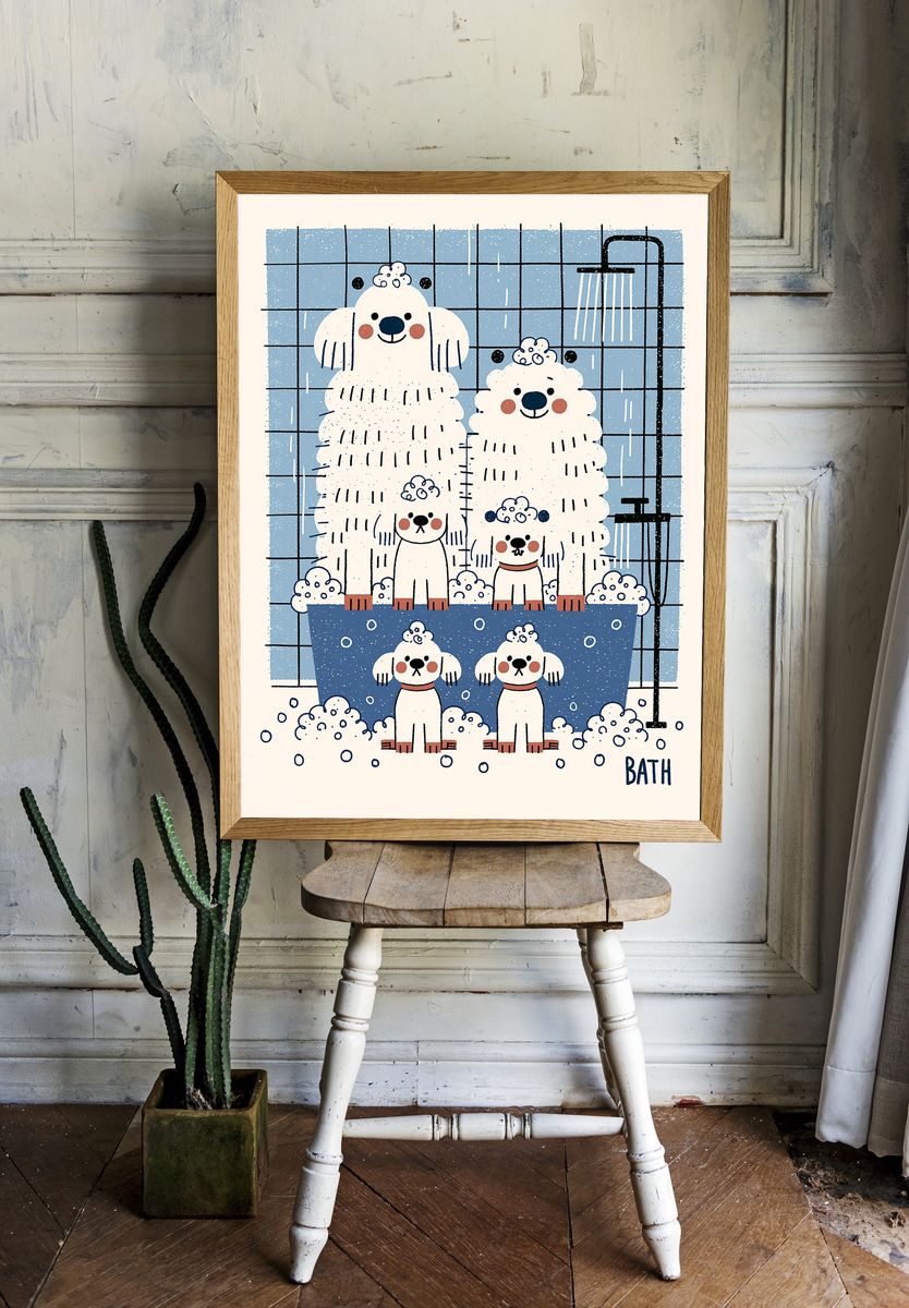 Poodle Bath Time Illustration Poster. — room view 1