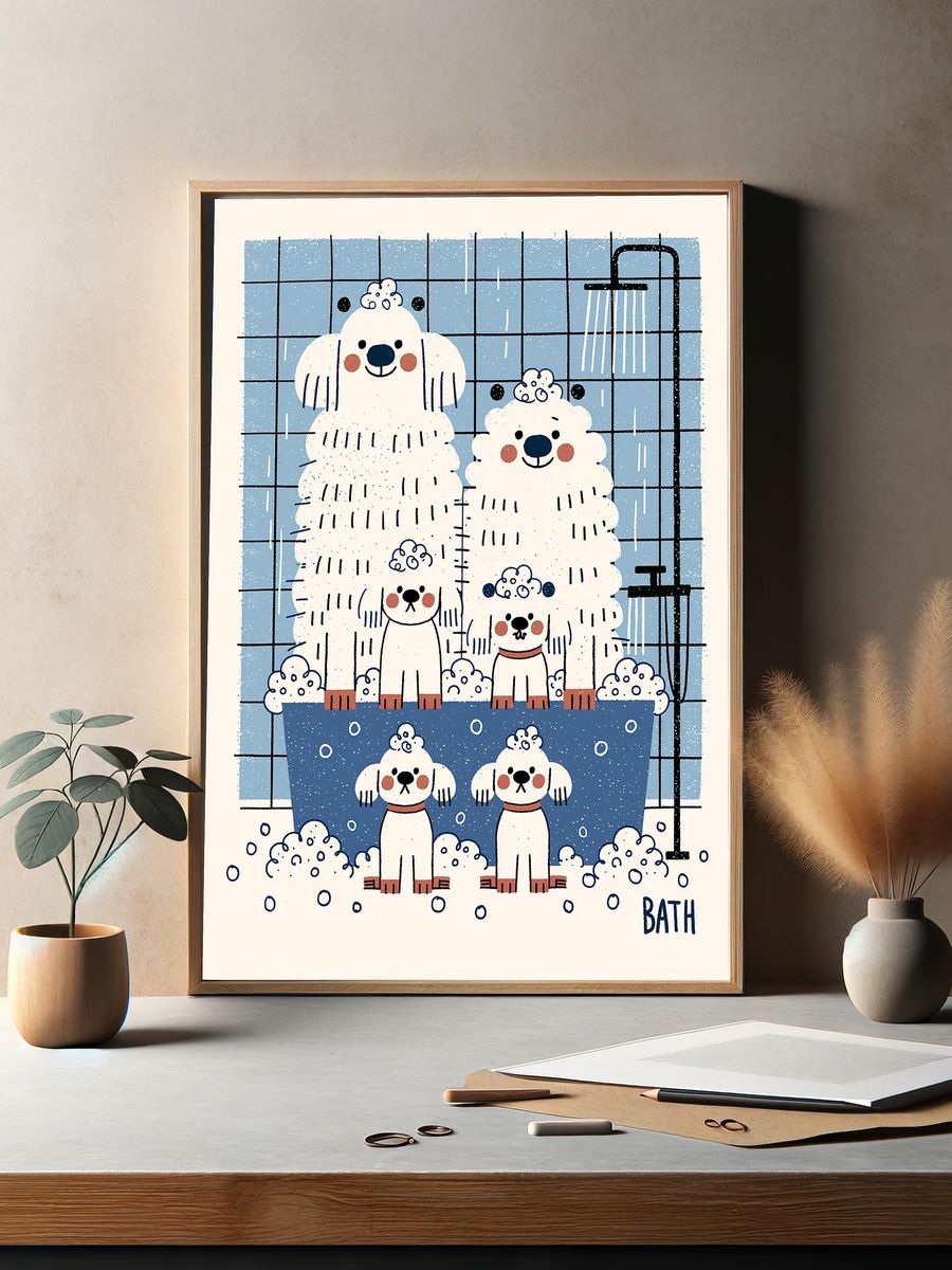Poodle Bath Time Illustration Poster. — room view 2