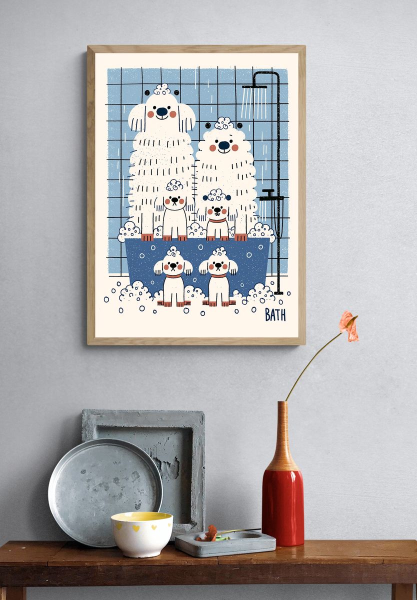 Poodle Bath Time Illustration Poster. — room view 3