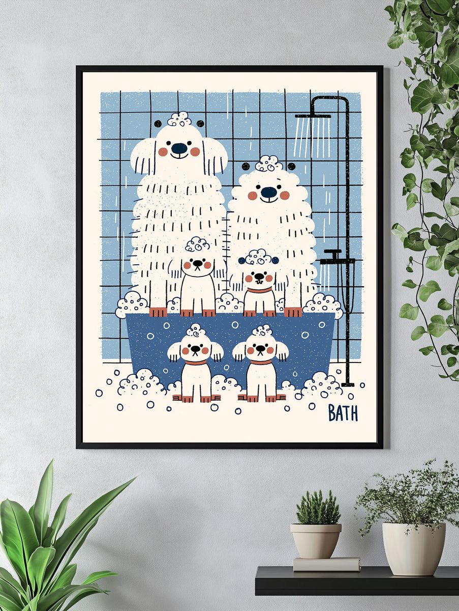 Poodle Bath Time Illustration Poster. — room view 4