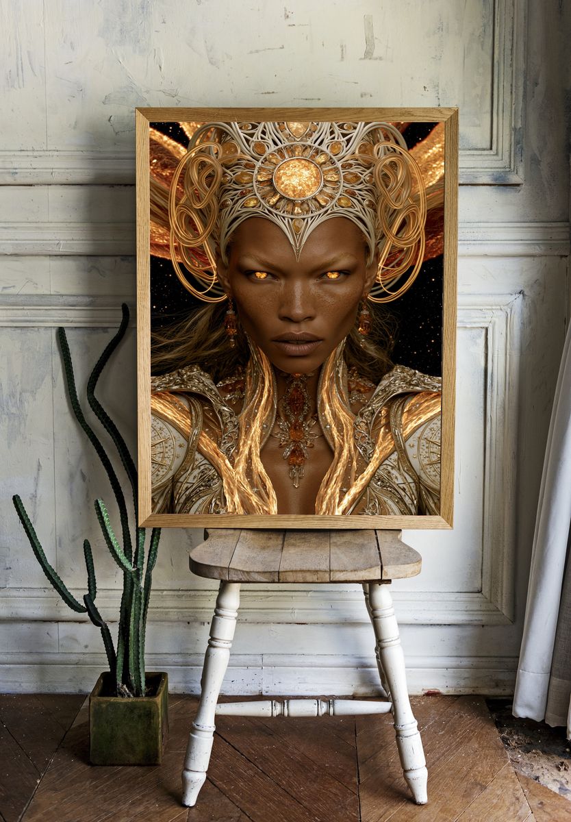 Golden Celestial Queen Portrait Print. — room view 1