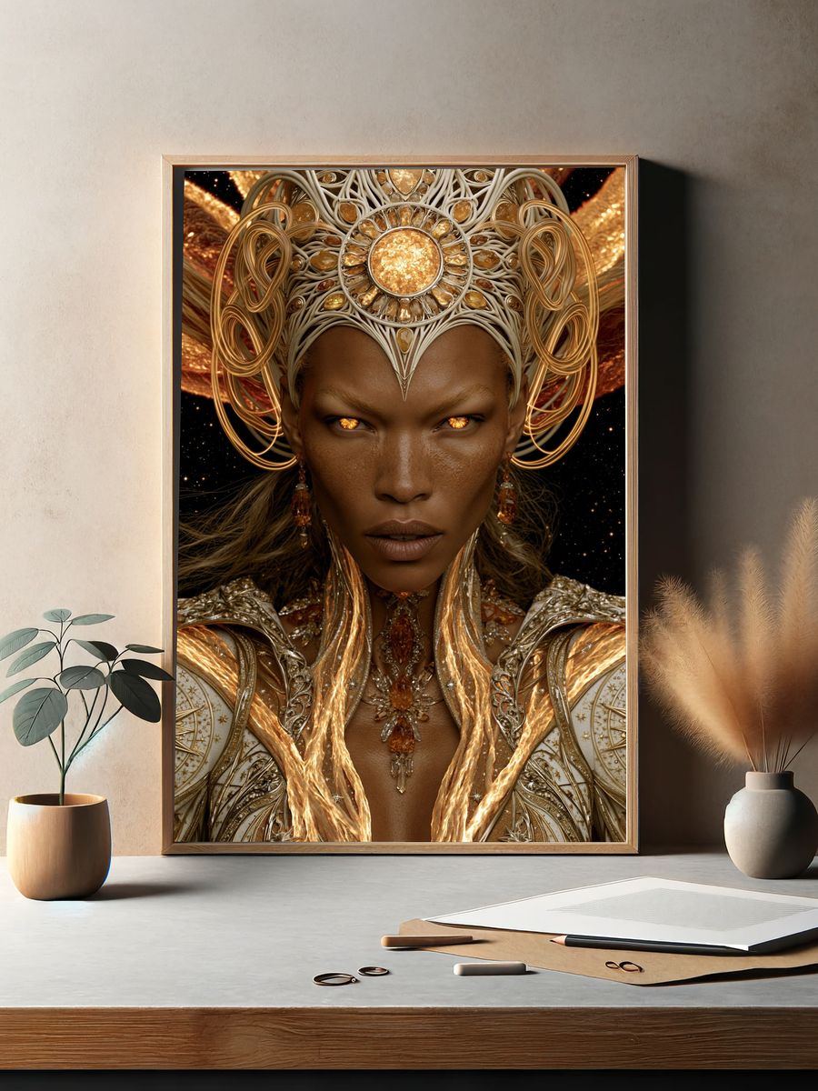 Golden Celestial Queen Portrait Print. — room view 2